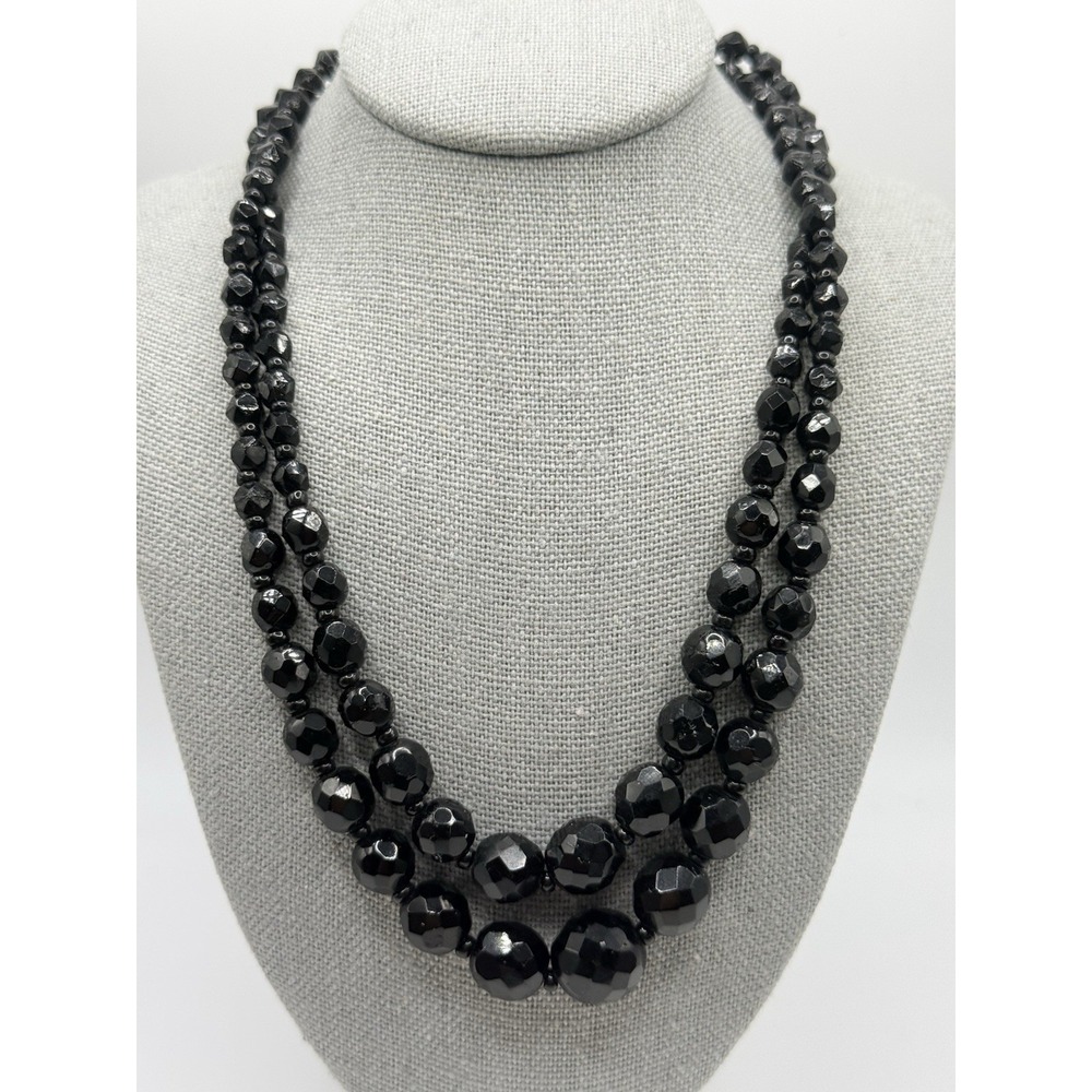 Vintage West Germany Necklace Black Beaded Faceted Double Strand Hook Clasp 13"